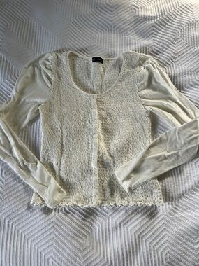 GAP Cream Smocked Button-Front Long Sleeve Top